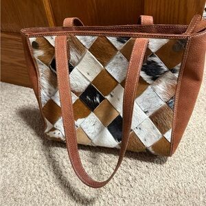 Myra Bag Brown and White Patchwork Tote